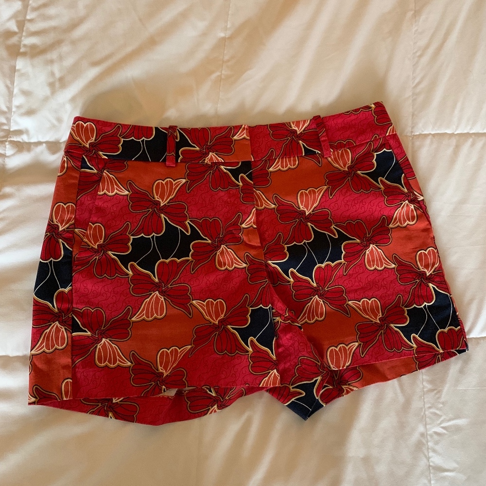 red and blue floral shorts